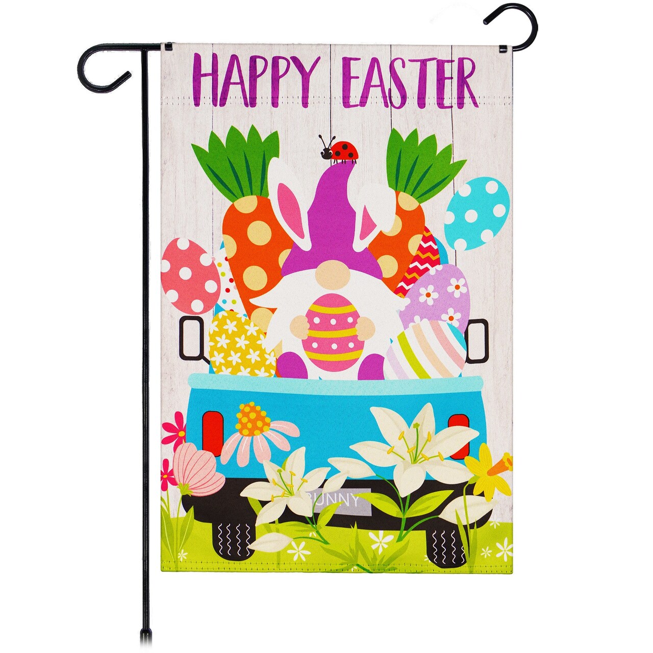 G128 Garden Flag Happy Easter Rabbit Gnome in Truck 12"x18" Blockout Fabric